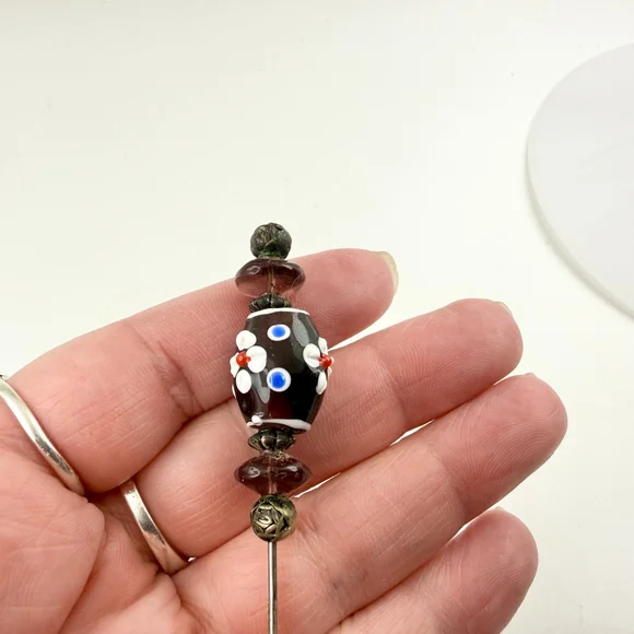 Victorian Lampwork Hat Pin Floral Glass Bead 7 Inch Antique Stick Pin - Picture 4 of 8